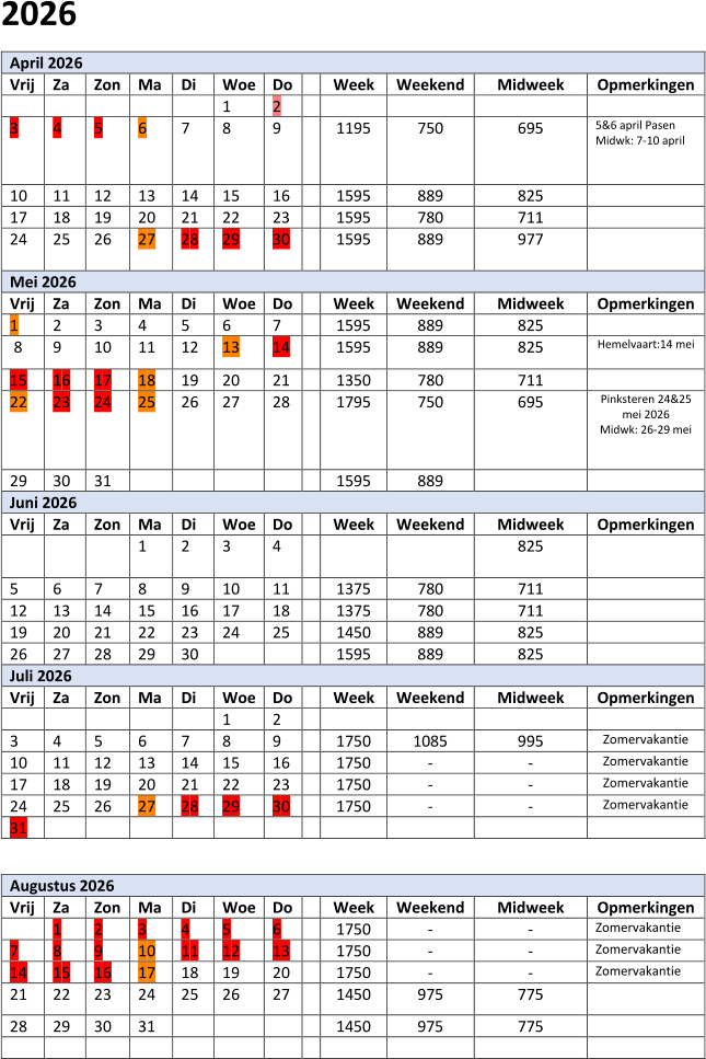 202 6 April 202 6   Vrij   Za   Zon   Ma   Di   Woe   Do     Week   Weekend   Midweek   Opmerkingen             1   2               3   4   5   6   7   8   9     1 1 95   750   695   5&6 april Pasen     Midwk:  7 - 10 april       1 0   1 1   1 2   1 3   1 4   1 5   1 6     1595   889   825     1 7   1 8   19   2 0   2 1   2 2   2 3     1595   780   711     2 4   2 5   2 6   2 7   2 8   29   30     1 595   8 89   977       Mei 202 6   Vrij   Za   Zon   Ma   Di   Woe   Do     Week   Weekend   Midweek   Opmerkingen   1   2   3   4   5   6   7     1595   889   825       8   9   10   11   12   13   14     1 5 95   889   825   Hemelvaart : 14 mei     15   1 6   1 7   1 8   1 9   20   21     1 350   7 8 0   711     22   23   24   25   2 6   2 7   2 8     1 795   750   695   Pinksteren 24&25  mei 2026   M idw k: 26 - 29 mei       2 9   30   31             1 5 95   889         Juni 202 6   Vrij   Za   Zon   Ma   Di   Woe   Do     Week   Weekend   Midweek   Opmerkingen           1   2   3   4         825       5   6   7   8   9   1 0   1 1     1 375   780   711       1 2   1 3   1 4   1 5   1 6   1 7   1 8     13 7 5   780   7 11     19   2 0   2 1   2 2   2 3   2 4   2 5     1 450   8 89   825     2 6   2 7   2 8   29   30         1 5 95   8 89   825     Juli 202 6   Vrij   Za   Zon   Ma   Di   Woe   Do     Week   Weekend   Midweek   Opmerkingen             1   2             3   4   5   6   7   8   9     1 75 0   1085   9 95   Zomervakantie   1 0   1 1   1 2   1 3   1 4   1 5   1 6     1750   -   -   Zomervakantie   1 7   1 8   19   2 0   2 1   2 2   2 3     1 750   -   -   Zomervakantie   2 4   2 5   2 6   2 7   2 8   29   3 0     1 750   -   -   Zomervakantie   31                         Augustus 202 6   Vrij   Za   Zon   Ma   Di   Woe   Do     Week   Weekend   Midweek   Opmerkingen     1   2   3   4   5   6     1 750   -   -   Zomervakantie   7   8   9   1 0   1 1   1 2   13     1 750   -   -   Zomervakantie   1 4   1 5   1 6   1 7   1 8   19   2 0     1 750   -   -   Zomervakantie   2 1   2 2   2 3   2 4   2 5   2 6   2 7     1 450   975   775     2 8   29   3 0   31           1 450   975   775